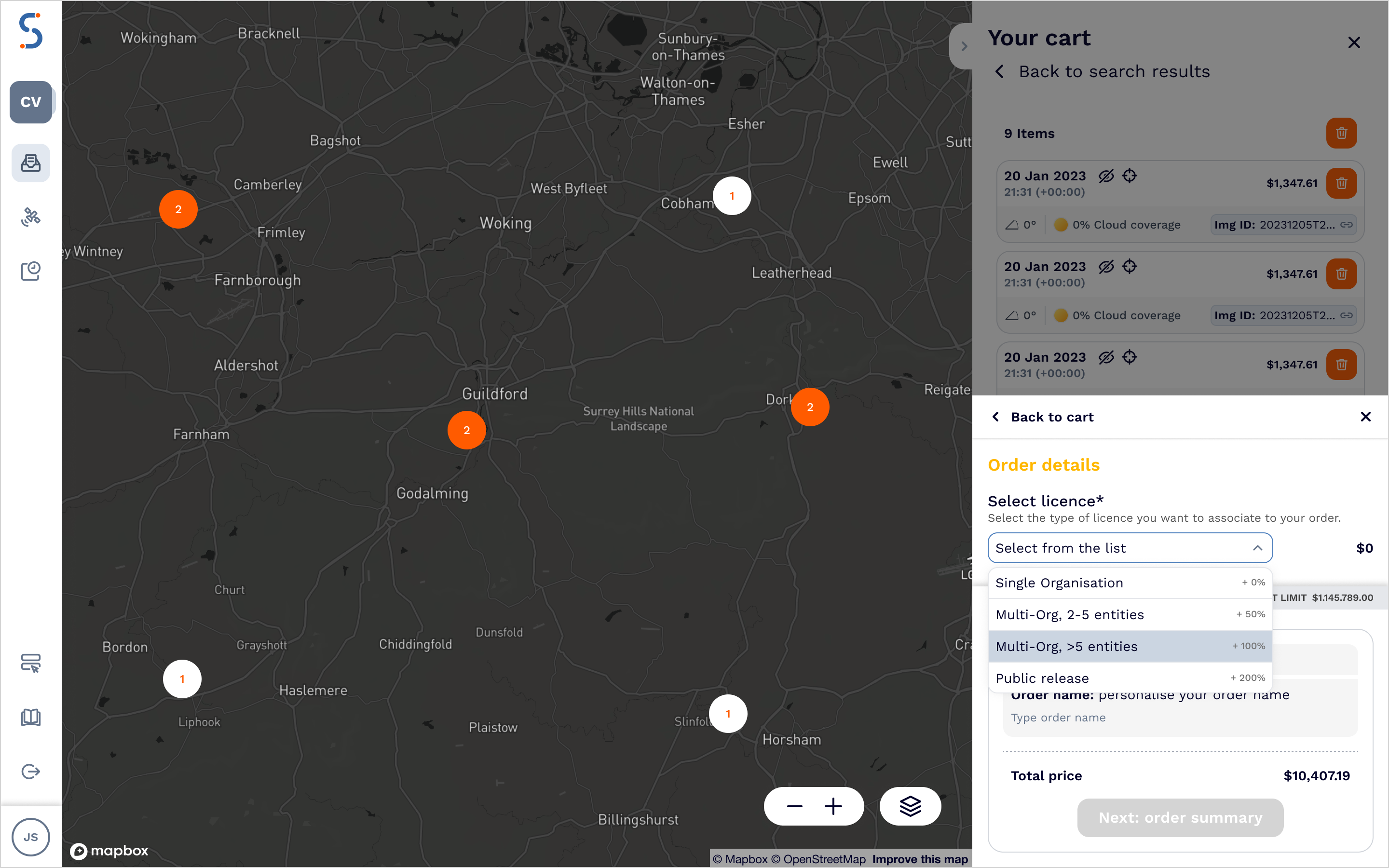 SatVu web application - Licence level selection.