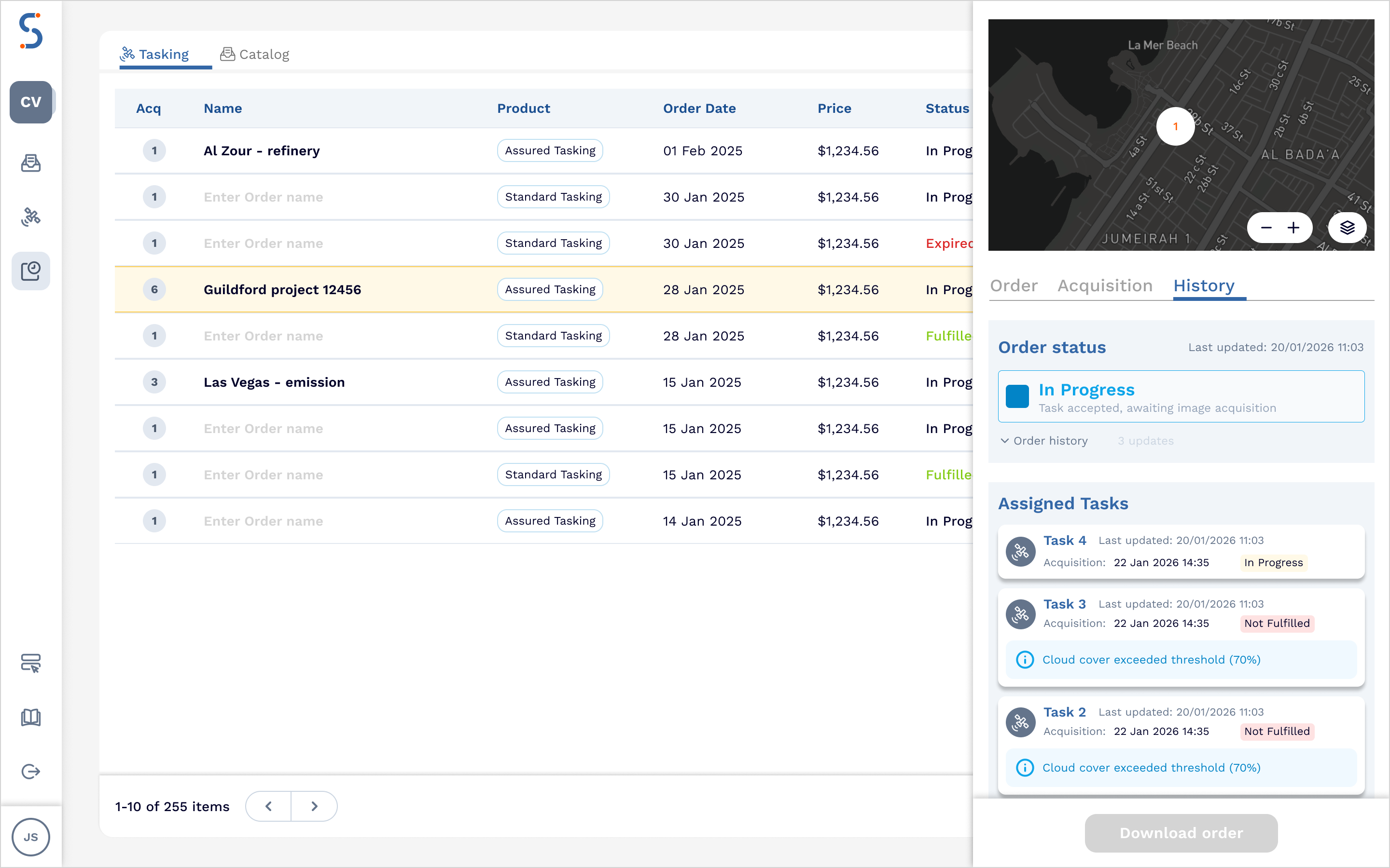 Order status history.