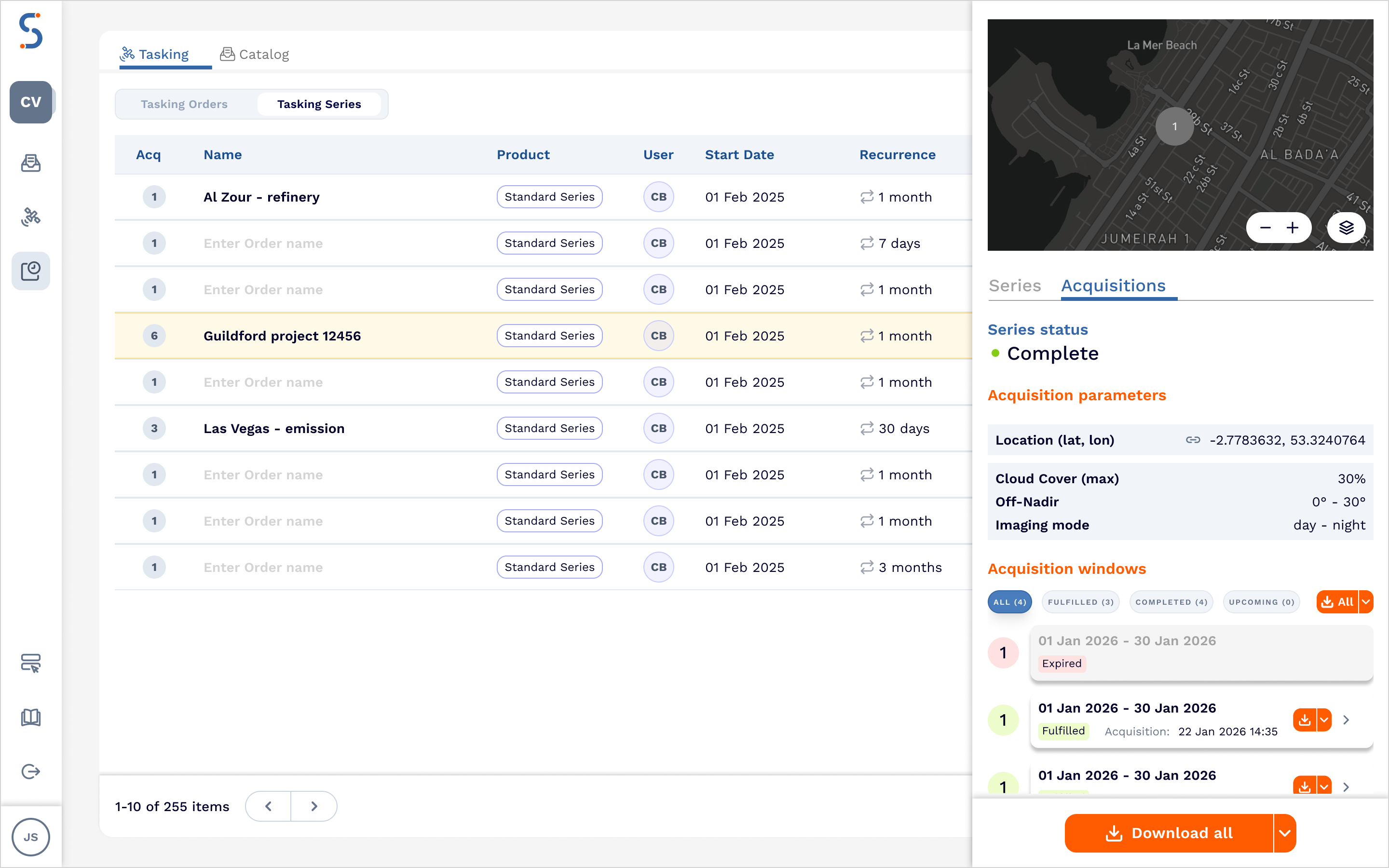 Acquisition details within a series. Downloading acquisitions from a series.